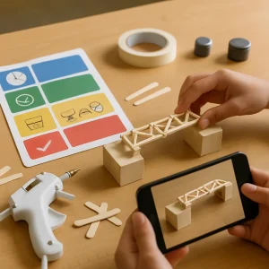 A photorealistic classroom station centers on student hands assembling a small wooden bridge spanning two blocks. A laminated instruction card with colorful icon panels is visible but unreadable; scattered craft sticks, tape, a hot glue gun and small weights lie nearby while a smartphone photographs the finished bridge. Subtle ruler marks, soft natural light and shallow depth of field create a clean, editorial composition suitable for an article.
