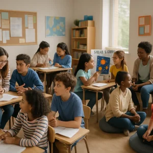 A warm, photorealistic editorial image of a bright modern classroom where multiple small groups operate simultaneously, each illustrating a distinct instructional strategy. In the foreground a teacher leads a focused reteach at a homogeneous-readiness table of three students; nearby a mixed-ability cluster is caught in animated problem-solving, while an interest-based group gathers around a colorful project display. Kolb-style stations cycle students through hands-on experiments, reflective journaling, conceptual sketching and active testing; a cozy social-emotional circle on cushions shows a teacher facilitating quiet connection; a thoughtful gender-sensitive pair works together and a role-based team wears subtle badges (recorder, facilitator, checker, presenter). Diverse ages and ethnicities are represented inclusively, with warm natural window light, candid moments and a shallow depth of field in a wide-angle editorial composition ideal for an article illustration.