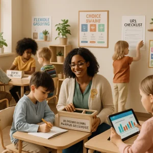 Photorealistic editorial image of a modern Scandinavian primary classroom: a warm, supportive 'Top Teacher' kneels to help a student while holding a toolkit labeled Differentiation & Personalization, surrounded by diverse children working at stations — a small group on a tiered activity, a student with a tablet showing a progress dashboard, another choosing from a visible choice board, and a learner writing personal goals. UDL checklist and posters display the same learning goal with multiple pathways, a flexible grouping sign hangs nearby, and natural light, minimalist Finnish design and plants create a calm, inclusive atmosphere; high-detail, shallow depth-of-field 4K editorial composition.