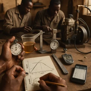Close, editorial-style scene of a resource-constrained African technician training workshop: two technicians in worn overalls at a wooden bench; foreground hands perform practical calculus measurements—one hand times fuel collected in a measuring jug with a stopwatch while another marks a graph-paper notebook showing a hand-drawn torque vs RPM plot and a power curve with the maximum and trapezoidal areas sketched; a ruler and pencil lie nearby, a simple lever arm with a spring scale measures torque, a handheld tachometer reads RPM, a pressure sensor and crude PV indicator are attached to the cylinder, and a smartphone or basic calculator displays a small trapezoidal-rule spreadsheet. Warm natural workshop light, dusty tool textures and shallow depth of field focus attention on the hands, instruments and notes—an intimate, high-realism editorial image for an article cover titled 'Calculus for technicians'.