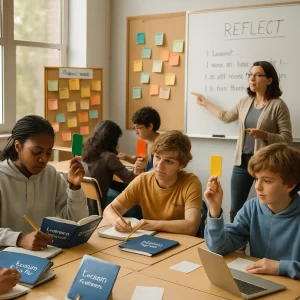 Photorealistic editorial image of a modern, inclusive middle/secondary classroom where diverse students sit in small groups quietly writing in labeled "Learning Journal" notebooks and one‑minute papers. Some students hold green/yellow/red traffic‑light cards while sticky notes with peer feedback spiral on a bulletin‑board carousel; a teacher models a think‑aloud and points to sentence‑starter prompts on the whiteboard. Laptops and paper exit tickets rest on desks as warm natural window light and a shallow depth of field create a cinematic, calm atmosphere that highlights metacognition and reflective routines.