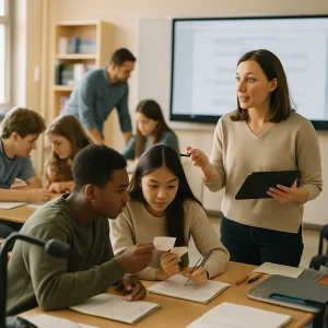A photorealistic wide-angle view of a bright secondary classroom during a lesson transition: a teacher closes a homework check while holding a tablet and stylus and gesturing toward an interactive whiteboard displaying a softly blurred digital notebook. Pairs of diverse students lean together comparing intentionally blurred word/letter cards and writing in notebooks as another teacher circulates and listens, a document camera points at student work, warm daylight fills the room, and a shallow depth of field keeps focus on the teacher and one engaged pair amid neatly organized, non-readable classroom materials.