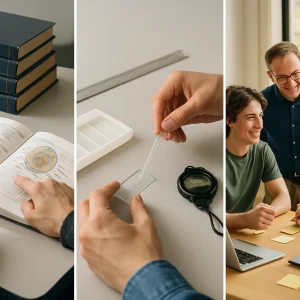 A photorealistic high-resolution triptych capturing three facets of classroom learning: left panel shows a student pointing at open textbooks and clear diagrams with a neat stack of reference books (knowledge); center is a close-up of hands preparing microscope slides with a calibrated ruler, pipette, stopwatch and lab tray on a clean bench, crisp detail and shallow depth of field (skills, conditions); right shows a diverse small group of students and a teacher collaborating around a table with laptops and sticky notes, animated discussion and shared materials (dispositions). Warm natural window light, realistic textures, balanced composition, no legible text or labels.