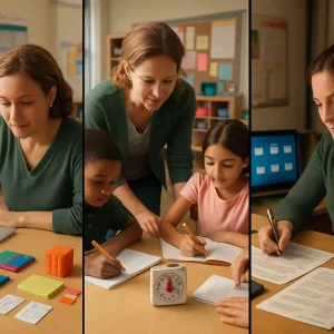 A photorealistic panoramic triptych capturing a teacher’s workflow across a day: left panel shows a focused planning moment at a cluttered desk with a blurred laptop screen, worked examples, fraction tiles and diagnostic cards neatly arranged; center panel shows the same teacher circulating among diverse small groups, a kitchen timer on the table and students writing as the teacher offers concise, targeted guidance; right panel depicts an evening of reflection with the teacher grading exit tickets, annotating a lesson plan and organizing digital folders on a laptop. Warm natural classroom light, shallow depth of field, and editorial realism tie the three scenes together, conveying the quiet intensity and craft of effective teaching.