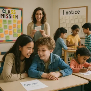 Warm, photorealistic classroom bathed in natural light where diverse elementary/middle students and a teacher move through quick routines that build belonging and responsibility: in the foreground a pair leans in smiling as they share a two‑minute appreciation; a colorful "Class Mission" board is covered in sticky notes with each student's pledge; to the right student leaders run hands‑on "learning lab" stations; the back wall "I notice" display is filled with anonymous appreciation notes as the teacher reads one aloud; a learner at a table writes a brief self‑evaluation card with prompts "What went well? What was hard? What will I try next?" Shot in a warm, candid documentary style with soft shallow depth of field (35mm, f/2.8), realistic skin tones and visible handwritten classroom materials.