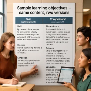 Photorealistic classroom scene centered on a large poster titled Sample learning objectives — same content, two versions, split into two vertical columns: Skill (serialist-friendly) with concise bullets (percent problems, pH measurement, transition phrases) and Competence (holist-friendly) with longer scenario-based objectives (budget analysis, designing a pH experiment, community argument). A diverse group of high-school students and a teacher engage near the display—the teacher points to the competence column while one student takes notes, another holds a tablet showing a budget spreadsheet, and a small pH test vial on a desk hints at the science task. Warm natural daylight and shallow depth of field keep the poster text sharply in focus while softly blurring the surrounding classroom; high-resolution, realistic skin tones and editorial photorealistic styling make the scene suitable for an article.