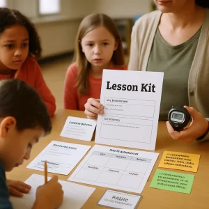 Editorial‑style photoreal image of a teacher presenting a printed lesson kit on a classroom table: crisp, legible sheets — a 2‑minute "Mini Diagnostic" card, a one‑step task card, and a three‑column differentiation grid labeled "Core / Support / Extend"; bright sticky notes read "You used strong examples. Next, try adding a short explanation." and "I can see you tried several ways. That persistence is how you learn hard things.", and a small laminated card says "Pause — breathe — name the feeling — choice." Diverse elementary students gather around — one student working quickly and focused, another appearing slightly anxious while the teacher gently observes with a stopwatch in hand. Warm natural classroom lighting, shallow depth of field, clean composition, ideal for an article header.