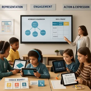 Photorealistic editorial image of a modern, inclusive classroom that visually embodies Universal Design for Learning's three principles. A teacher gestures to a large digital screen displaying an advance organizer/visual map and a KWL chart while diverse students work in purposeful ways: a small group explores a 3D geometry model on tablets with captions and audio (headphones visible), one student watches a short captioned demo video with visible playback controls, and another assembles a physical model using a printed checklist and rubric. A prominent choice board lists options like podcast, poster, and essay as students select tasks and collaborate; assistive tools (text-to-speech device, translated glossary cards, transcript/caption icons) are clearly shown. Warm natural light, sharp realistic skin tones and textures, and balanced composition make the scene ideal for an article header, with subtle wall posters labeled "Representation," "Engagement," and "Action & Expression."