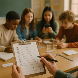 A warm, documentary-style classroom moment: a teacher’s hand holds a clipboard with an empty checklist, unchecked boxes and a blank stamp area as a pen hovers above, while a small, diverse group of students works at a hands-on station — sketchbook, measuring tools, sample containers and a smartphone photographing their process. Natural daylight, shallow depth of field and soft film grain keep the clipboard crisply in focus while station labels and surrounding papers remain intentionally blurred or blank, evoking assessment, guidance and active learning in progress.