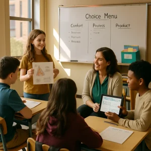 A warm, photoreal classroom moment shows a diverse middle‑school group gathered around a smiling teacher as a confident student presents a small project poster and another quietly shows choices on a tablet; a visible hearing aid, a whiteboard titled “Choice Menu” with Content/Process/Product columns, a colorful suggestion box, co‑created rubrics and exit‑ticket journals emphasize student voice and agency, all bathed in soft natural light with candid, editorial documentary styling.