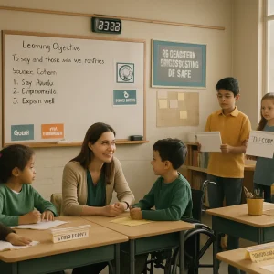 Photorealistic editorial scene of a calm, organized classroom where a teacher kneels at a small-group table giving warm, focused feedback to a diverse mix of students — different ethnicities and genders, including a child in a wheelchair. Two students peer-teach with notebooks and mini whiteboards while others work independently at labeled start-up trays and stations. Classroom cues are clearly visible: a whiteboard with a learning objective and success criteria, a wall chart titled "Routines", a poster reading "Be Respectful, Be Responsible, Be Safe", a visible timer, color-coded group signs for jigsaw and peer-instruction formats, a table of exit-ticket cards labeled "Exit Ticket — 3 things I learned", and sticky-note formative checks on the bulletin board. Natural window light, a warm calm color palette, tidy desks, realistic textures, and a shallow depth of field keep faces crisp and the moment candid and engaged.