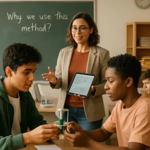 A warm-lit, photoreal editorial classroom: a teacher gestures mid-lesson holding a tablet while a diverse group of students listens attentively. In the foreground two students practice peer teaching with a small model; a side table holds a safe hands-on simulation with a laptop and simple lab materials, while another student quietly passes a small slip toward a teacher assistant. Candid, respectful expressions and a shallow depth of field highlight collaborative learning and human connection.