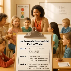 Photorealistic editorial scene of a warm, modern elementary classroom: foreground a clipboard clearly titled Implementation checklist — First 4 Weeks with four labeled sections of short, legible bullets; background shows a diverse teacher kneeling at student level leading a morning check‑in with smiling students, some wearing role badges and a visible traffic‑light attention chart on the wall. Two students exchange quick appreciation notes while the teacher presents a restorative language phrase on the whiteboard and a calm one‑on‑one conversation unfolds at a small table; self‑evaluation cards rest on desks. Natural warm sunlight, shallow depth of field, realistic textures and skin tones, candid supportive atmosphere and editorial composition with empty space at the top for headline overlay.
