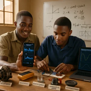 A warm, photorealistic wide-angle of a small African technical classroom: two young technicians in practical clothes collaborate at a workbench bathed in sunlight. The composition centers on a smartphone displaying a live accelerometer waveform and FFT while the partner tweaks an Arduino and a salvaged R–L–C breadboard; nearby are an old alternator part, multimeter, labelled mass–spring demo (coil spring with a water-filled container), and a speaker/piezo transducer. A laptop shows an oscilloscope trace and a Bode/resonance plot; behind them a whiteboard is filled with neat hand-drawn diagrams and equations—e^{jθ}=cosθ+j sinθ, Z_R=R, Z_L=jωL, Z_C=1/(jωC), H(jω)=1/(k−mω^2+ j c ω) and a Fourier-series sketch of a square wave—conveying textured, slightly worn salvaged parts, shallow depth of field, and a candid, low-cost hands-on learning mood where applied engineering mathematics meets practical tinkering.