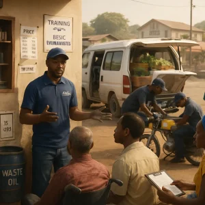 A photorealistic, documentary-style morning scene at a tidy roadside workshop where a branded technician in gloves explains basic preventive maintenance to a diverse group — men, women and a person using a wheelchair — while a mechanic services a motorcycle taxi and a minibus loaded with market crates. Visible details include a mobile service van, spare-parts shelves, a clear price list, a labeled waste-oil drum and battery collection box, and a sign reading "Training Today: Basic Maintenance," with a cooperative clipboard and friendly cash exchange suggesting local economic activity; nearby market stalls and a clinic/school sit in soft focus. Warm light, high-detail textures and a respectful, inclusive composition convey practical skills-sharing and tangible social and economic impact.