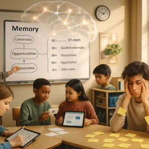 A photorealistic editorial scene showing a teacher at an interactive whiteboard pointing to a clear advance-organizer concept map and a timed lesson flow (5′ concept map → 15′ guided example → 10′ paired quiz → 10′ application → exit ticket). Diverse students work in stations — one sketching a concept map, a pair using flashcards for retrieval practice, another solving an application problem, a tidy desk with labeled chunks/folders and a calendar marked for spaced practice, contrasted with a student overwhelmed by scattered sticky notes to visualize working‑memory overload. A subtle semi‑transparent brain overlay floats above with glowing synapses linking organized schemas to classroom activities; dual‑coding visuals appear on tablets and posters, warm natural light, shallow depth of field, high detail and realistic textures for an editorial composition about memory’s constraints and opportunities.