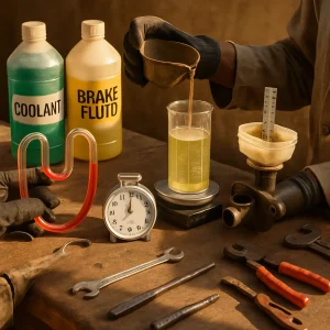 A warm, photorealistic scene on a worn wooden workbench where gloved hands carry out low‑cost fluid tests: a clear U‑tube manometer with colored water, a homemade timed‑flow tin cup draining brake fluid into a graduated cylinder beside a stopwatch, a small balance and measuring cylinder for density checks, and an open brake master cylinder with a ruler showing fluid height. Bottles of coolant and brake fluid, simple tools and clamps sit scattered in shallow depth of field; the image conveys an instructive, safe atmosphere of hands‑on learning and local ingenuity, visually demonstrating density, viscosity, hydrostatic pressure (p=ρgh) and Pascal’s principle.
