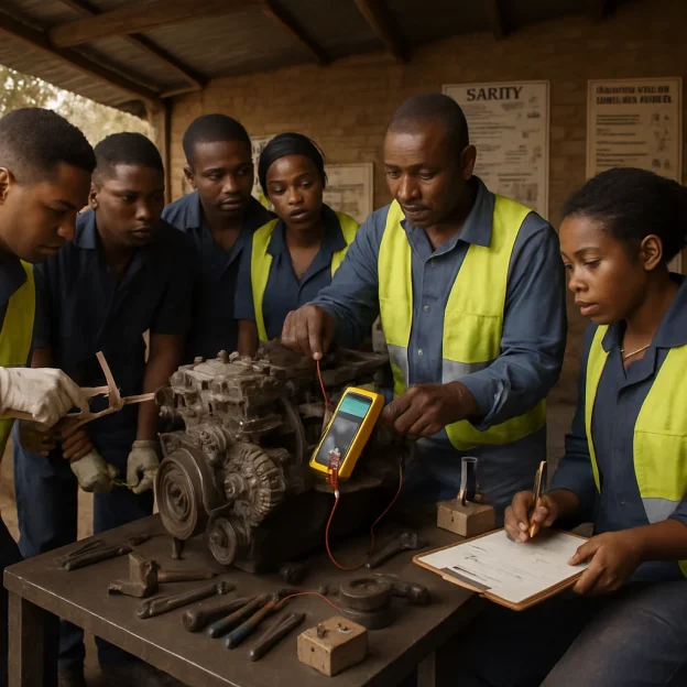 Photorealistic documentary scene of a diverse group of beginner automotive students in an open-air, corrugated-roof garage gathered around an older diesel minibus engine as an instructor demonstrates a low-cost diagnostic using a basic multimeter and an improvised test rig. Students measure with tape and vernier caliper, sketch engineering drawings on clipboards, and work amid hand tools, spare parts, improvised jigs and visible safety gear and posters — warm natural light and a dusty concrete floor underscore hands-on, resourceful, competency-based training that empowers technicians in resource-constrained African communities.