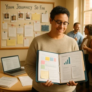 A thoughtful, proud teacher stands in a warm, sunlit classroom, gently smiling as they review an open portfolio of lesson plans, assessment charts, student work and sticky notes. Behind them a 'Your Journey So Far' timeline pins photos, rubrics and handwritten notes while blurred colleagues exchange supportive smiles — a cinematic snapshot of reflective practice, collaborative feedback and ongoing professional growth.