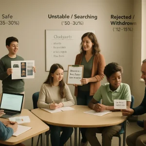 Photorealistic editorial photo of a modern classroom arranged into three connected zones that visualize differentiated student agency. Left (Safe ~25–30%): a confident student presents an independent project to peers—open materials, a student leader with a laptop and poster, classmates watching and taking notes. Center (Unstable / Searching ~50–56%): a small group around a table as a teacher offers a clipboard with a simple choice menu (choose one of three topics, one of two formats), checkpoints on the whiteboard and focused positive feedback as students collaborate. Right (Rejected / Withdrawn ~12–18%): a teacher kneels beside a withdrawn student offering a micro-choice card and a gentle invitation for a five-minute scaffolded task, private conference setup and achievable mini-task materials visible. Warm natural window light, shallow depth of field with crisp facial detail, diverse ages, races, and abilities; balanced composition with negative space for a headline.