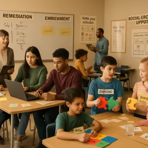Photoreal editorial image of a modern classroom bathed in warm natural light, divided into five labeled learning zones—Remediation corner with a teacher guiding a small group and a visible feedback timer; Enrichment table where older students collaborate on real-world prototypes; Mixed/Jigsaw group with role cards and peer teaching; Kolb-cycle station featuring hands-on experiments, reflective sticky notes and a mini-lecture on a tablet; Social-emotional support area with cooperative games and clear success criteria. Diverse students and teacher, authentic gestures and crisp facial detail captured with a slightly wide-angle lens and shallow depth-of-field, composed for a feature on designing group tasks for targeted growth.